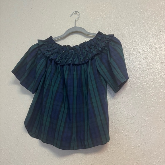Vineyard Vines Blackwatch Plaid Off Shoulder Poplin Top - Picture 8 of 8